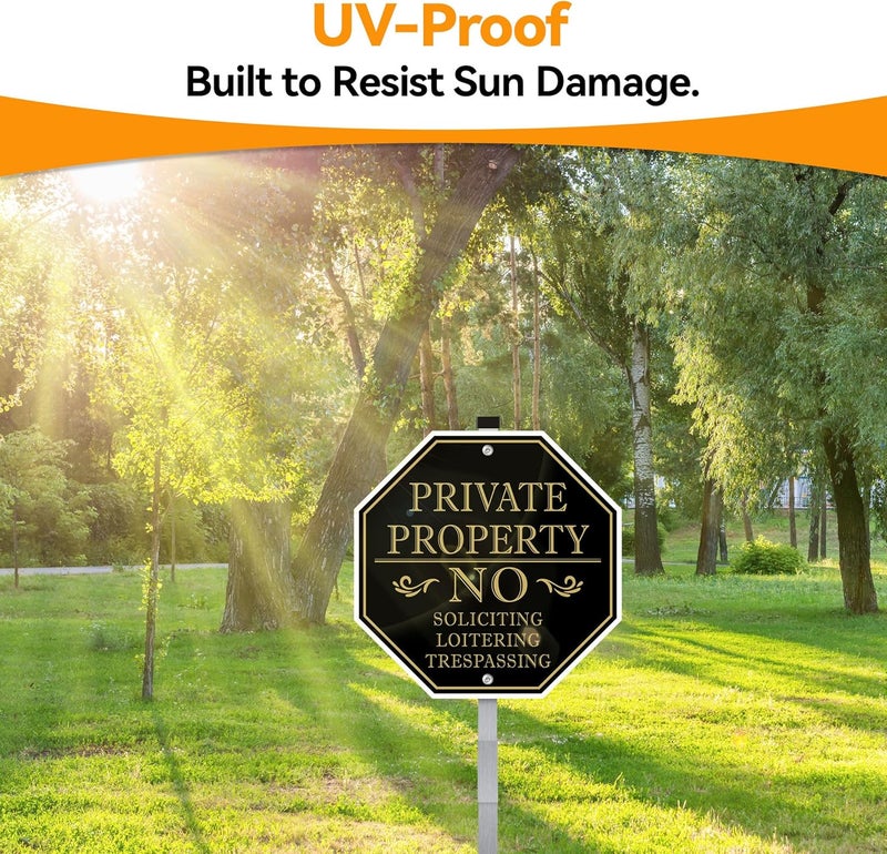 MongFun No Trespassing Signs Private Property, No Soliciting Sign for House, 10 x 10 Inches No Loitering Aluminum Metal Signs with 28 Inches Long Stakes for Outdoor Yard (Black/Gold, 10 x 10 inches) - Image 5
